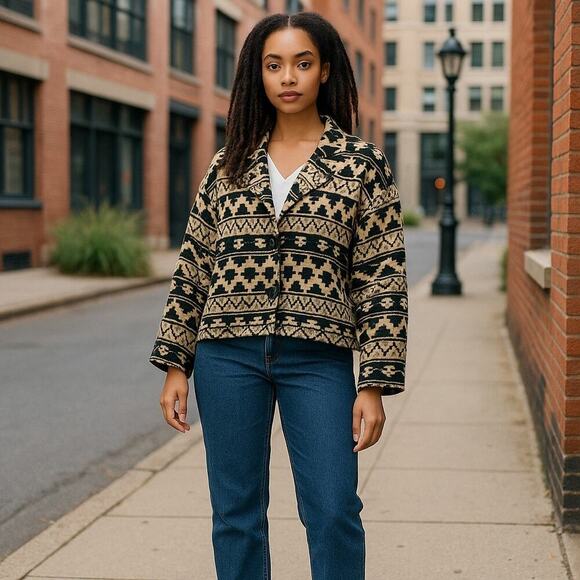 Vintage New Identity Women’s Oversized Cardigan Jacket 3X Black Beige Aztec - Picture 4 of 4